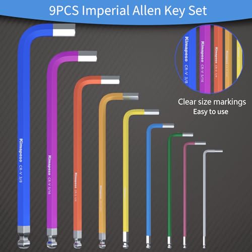 9PCS Imperial Allen Key Set SAE Allen Wrench Set SAE Hex Key Set Long Ball End Hex Wrench Set S2 Alloy Steel Keys 1/16-3/8Inch for Bike Vehicle Repairs and Household DIY - size: 9PCS Imperial
