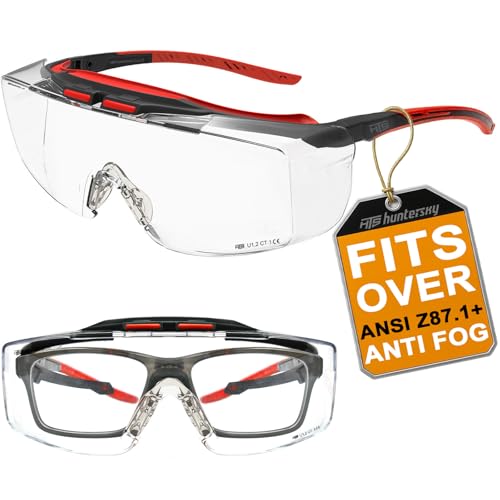 HTS HUNTERSKY ANSI Z87.1+ Anti Fog Fit Over Eyeglasses Safety Glasses Up to 1.88 inch 99.9% UV Protection OTG Lab Goggles - color: 3906c Black-red / Clear Lens
