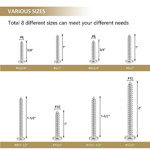 317 Pieces #6#8#10#12 Phillips Pan Head Self-Tapping Screws, Wood Screws Assortment Kit, 304 Stainless Steel - size: #6#8#10#12