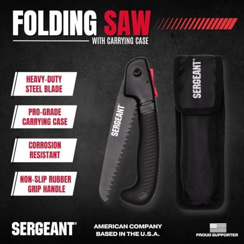 SERGEANT Folding Hand Saw with Pouch. Pruning hand saw. Best for Wood, Bone, PVC, Tree Pruning, Gardening, Camping, Hunting, Outdoors, Tool Box. Rugged 7" Steel Blade & Slip-Resistant Rubber Grip.