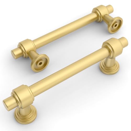 Amerdeco 10 Pack Brushed Gold Cabinet Pulls 3.75 Inch(96mm) Hole Center Drawer Pulls Cabinet Hardware Kitchen Cabinet Handles for Bathroom Dresser Pulls ZH0069 - color: Brushed Gold, size: 3.75" Hole Center