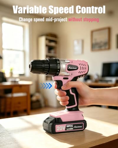 AVID POWER 20V Cordless Drill Set for Home DIY & Beginner Projects - Lightweight Power Drill with Battery Charger & 22 Bits, Variable Speed, 3/8" Keyless Chuck, Ideal for Furniture Assembly (Pink) - color: 2-pink