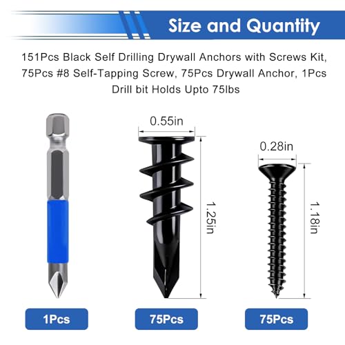 smseace 151Pcs Black Self Drilling Drywall Anchors with Screws Kit, 75Pcs #8 Self-Tapping Screw, 75Pcs Drywall Anchor, 1Pcs Drill bit Holds Upto 75lbs - color: Black