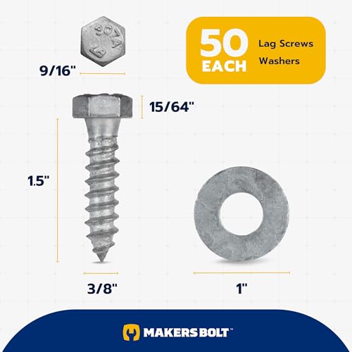 3/8 x 1-1/2 (50 Pack) Lag Screw Kit, 50 Screws and 50 washers, Hot Dip Galvanized, Meets ASME B18.2.1 Industrial/Commercial Grade by Makers Bolt - size: 3/8 x 1-1/2