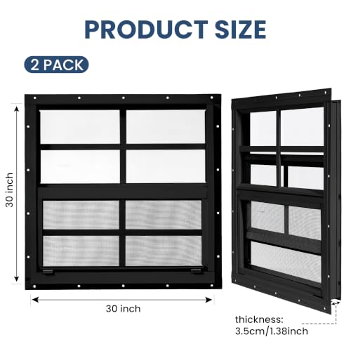 2 Pack Shed Windows, Chicken Coop Windows, 30" x 30" Black - color: Black, size: 30" x 30"