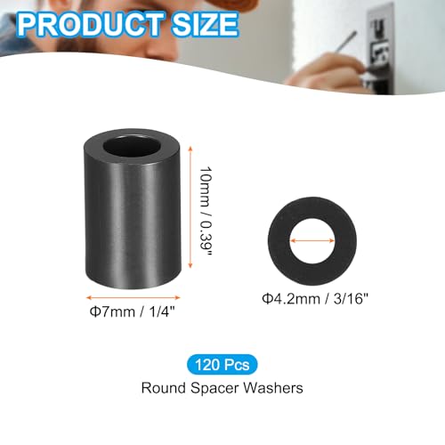 PATIKIL 120Pcs ABS Spacers 4mm ID, 7mm OD, 10mm Height Plastic Round Stud Spacer Black Nylon Washers Nut Unthreaded Rubber for M4 Screws Bolts Barrel - size: 4mm ID, 7mm OD, 10mm Height