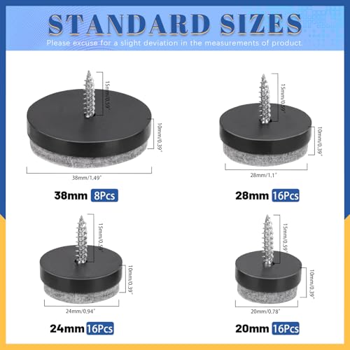 Glarks 56pcs Black 20MM 24MM 28MM 38MM Furniture Glide Screw-on Furniture Antiskid Felt Pad Slider Floor Protector for Wooden Leg Feet of Chair Table Sofa Stool
