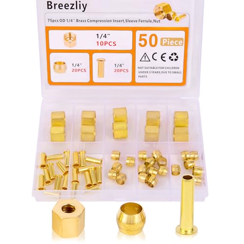 1/4 Inch OD Brass Compression Insert,Sleeve Ferrule,Nut 50PCS - size: 50 pcs, 1/4"
