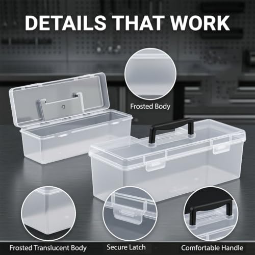 Hardware Organizer Box, 2 Pack Small Parts Tool Case for Garage | Frosted translucent plastic, garage workshop, hardware storage, screws and tools, secure latch, carry handle, 2 sizes