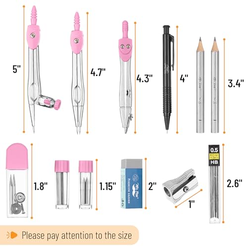Mr. Pen- Geometry Set, 15 pcs, Pink, 6 Inch Swing Arm Protractor, Divider - color: Pink