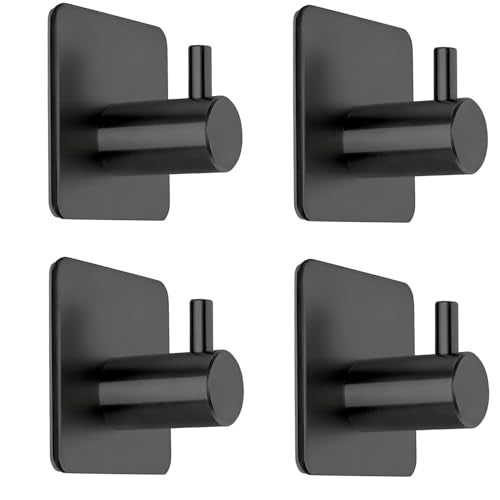Fotosnow Black Adhesive Towel Hooks Heavy Duty Stick on Wall Hooks Shower Hooks for Bathroom Kitchen Door-4 Packs - color: Black-4 Pack