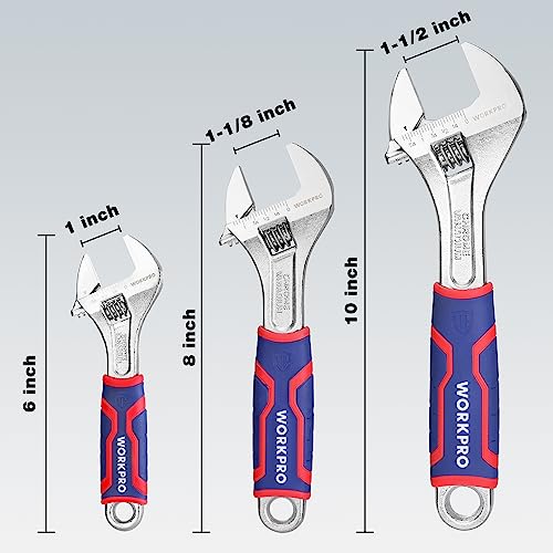 WORKPRO 3-Piece Adjustable Wrench Set, 6-inch, 8-inch, 10-inch | Cr-V Wide Jaw Wrench, Rubber Anti-Slip Grip, Metric/SAE Scales, Chrome Plated - size: 6, 8, 10 inch set
