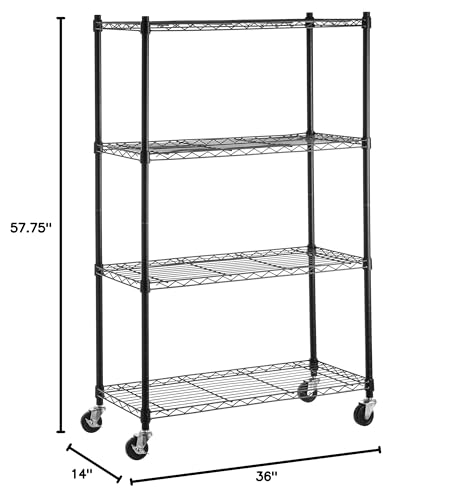 Amazon Basics 4-Shelf Heavy Duty Garage Shelving Storage Unit on 3" Wheel Casters, Adjustable Metal Wire Rack with Leveling Feet, 36" x 14" x 57.75", Black - color: Black, size: 36" L x 14" W x 57.75" H, style: 4 -Shelf