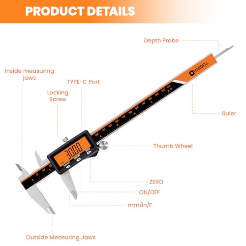 HARDELL Digital Caliper 8" USB-C Charging – Orange Display, Non-Backlit - size: 8 Inch