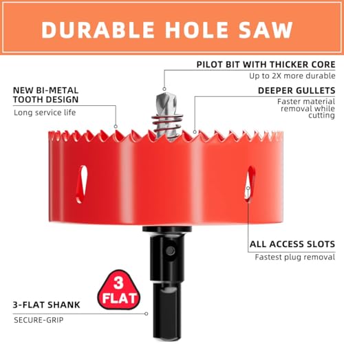 3-3/4 in. Bi-Metal Hole Saw Drill Bits - Versatile and Durable Hole Cutter for Wood, Plywood, Plaster Drywall, Ceiling, Plastic Pipe, PVC and Thin Metal - Includes Arbor & Pilot Bit (95mm) - size: 3-3/4"(95mm)