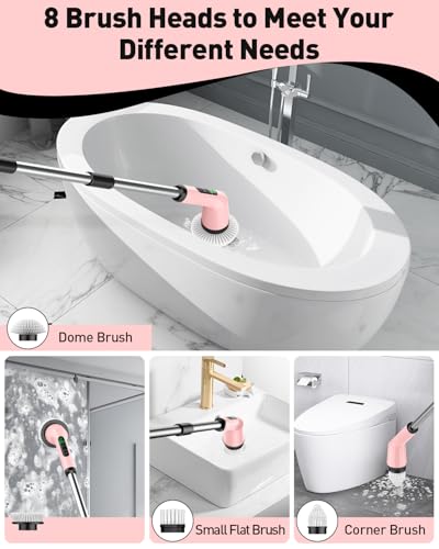 Electric Spin Scrubber for Bathroom, Shower Scrubber with Long Handle - color: Pink, size: 8 Brush Heads
