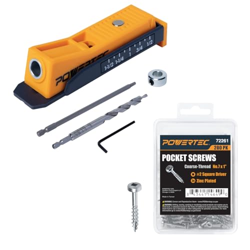 POWERTEC 72497 Single Pocket Hole Jig Kit for Woodworking - with Drill Bit, Driver Bit, Hex Key, Stop Collar & 200 PK Pocket Hole Screws, Pan-Head, #2 Square Drive, 1" Coarse Thread - style: SinglePocket Hole Jig Kit w/ 1" Screws (200PK)