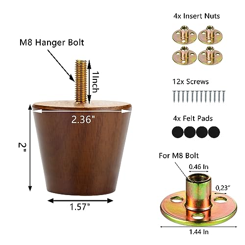 Maricome 2 Inch Furniture Feet Set of 4 Replacement Furniture Legs Predrilled M8 Bolt Short Small Wooden Legs for Chair Dresser Cabinet Ottoman Screw in - color: 2 Inch Walnut