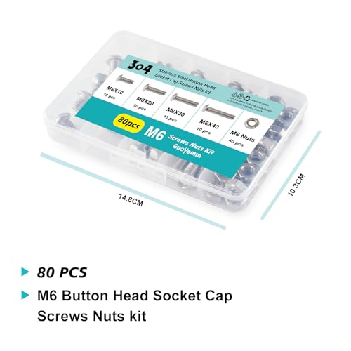 M6 x 10mm 20mm 30mm 40mm Button Head Socket Cap Screws Bolts and Nuts, Stainless Steel 304, Bright Finish, Metric Allen Hex Drive, Fully Thread, Assortment Kit 80PCS - size: Button M6x10-40mm+Nuts