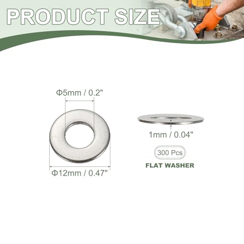 Flat Washers, 304 Stainless Steel Hardware Assorted Washer, 12 x 5 x 1 mm Fit for Bolts Screws Industrial Use (300 Pack, Silver) - size: 12 x 5 x 1 mm