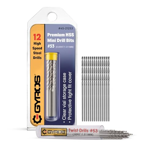 GYROS 12 PCS #53 Micro Drill Bit Set – Small Drill Bits for Jewelry, Plastic, Resin, & Soft Metal – High-Speed Steel Wire Gauge Mini Twist Drill Bit Set for Pin Vise Hand Drill & Rotary Tool - size: #53 (.0595”/1.511MM)
