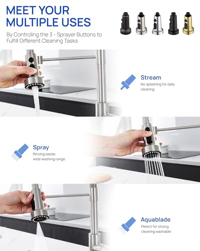 J-HVA Pull Down Kitchen Faucet Sprayer Head Replacement Part,Brushed Nickel | 3 Function with 15 Adapters Pull Out Sink Sprayer Replacement Nozzle, Kitchen Faucet Head Hose Spray Tap Spout - color: Brushed Nickel