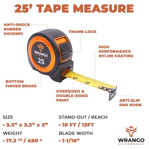 Tape Measure 25 FT - Measuring Tape Retractable - Oversized & Double-Sided Print - Blade Lock, Finger Brake - High Performance Nylon Coating, 10' Stand-Out - 13' Reach / 1-1/16" Blade - size: 25 FT, style: Single