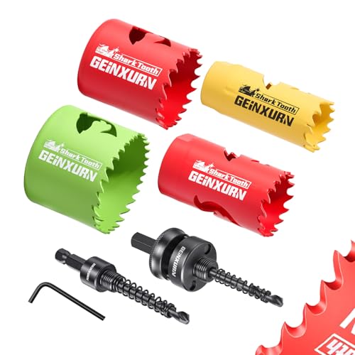Geinxurn 7PCS Hole Saw Kit 7/8'' to 2-1/8'' (22mm-54mm) with Hole Saw Mandrel and Hex Wrench,HSS Bi-Metal Hole Cutter with Shark Tooth for Wood,Drywall, PVC Boards and Thin Metal - color: 7PCS 7/8“-2-1/8” Hole Saw Set with Mandrel