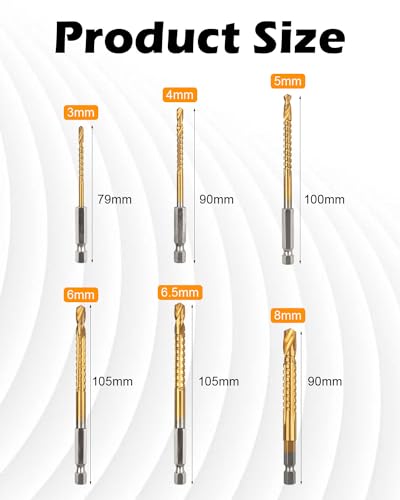 6 Pack Titanium Coated HSS Twist Drill Bit, 3-8mm