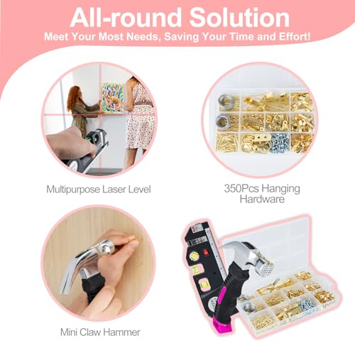 Picture Hanging Kit Tool, 352pcs Hanging Hardware with Heavy Duty Frame Hooks, Wire, Nails, D Rings, Photo Sawtooth Hangers, Wall Art Hanging Kit with Laser Level, Pink Claw Hammer