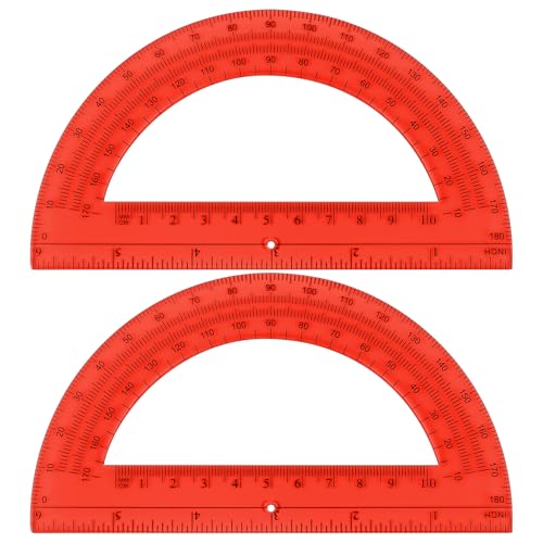 Unjoo Plastic Protractor 6 Inch Math Protractors 180 Degrees, 2 Pack (Red) - color: Red