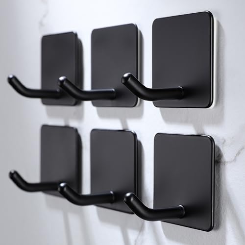 DELITON 6 Pack Towel Hooks for Hanging, Adhesive Hooks Stick on Wall for Bathroom Kitchen Heavy Duty Stainless Steel, Black - color: Black-6