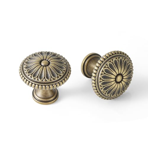 5 Pack | Cabinet Knobs | Solid Brass | 1-5/16 Inch Diameter | Brushed Antique Brass |Classic Cabinet Knobs for Furniture Kitchen ＆ Bathroon Fixture - size: 1-5/16 Inch Knob