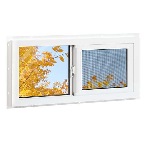 Vinyl Basement Window, Bathroom Sliding Window 32" x 14" White | Double Pane Insulated Tempered Glass and Fiberglass Screen for Basement, Bathroom, Shed - size: 32x14 IN