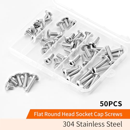 M6 x 8mm 12mm 16mm 20mm 25mm Flat Round Head Hex Socket Cap Screws Bolts, Furniture Screws, 304 Stainless Steel, Metric Fully Threaded, Allen Hex Drive, Bright Finish, Assortment Kit 50PCS - size: M6 x 8/12/16/20/25mm (50PCS)