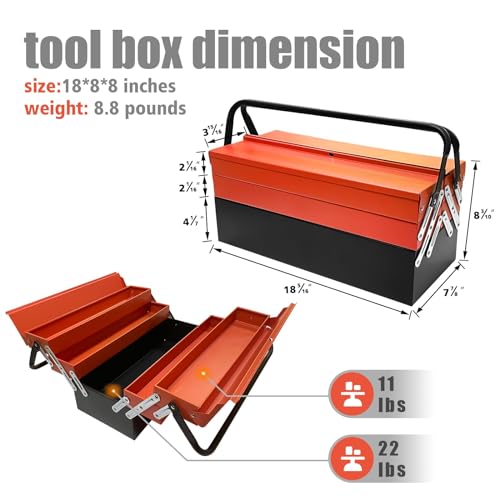 YATOINTO Metal Cantilever Tool Box, 18" * 8" * 8" Fold Out Tool Organizer with 3 Layers & 5 Trays, Portable Storage for Home, Studio, Auto Repair & Factory (Orange)