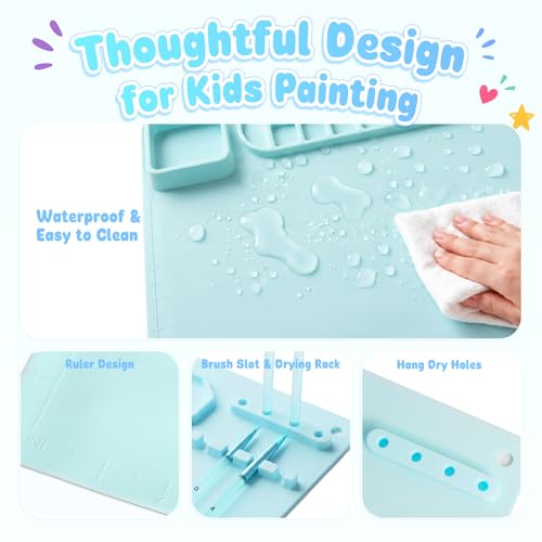 Zimuvora Silicone Painting Mat Set, Paint Mats for Kids with Foldable Silicone Cup, 4 Detail Paint Brushes, 2 Sponge Pads, Apron & Mixing Tool, Washable Art Table Mat (Blue) - color: Blue