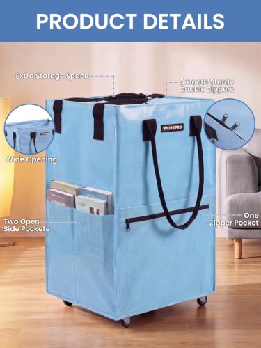 WORKPRO Large Rolling Grocery Bag, 36-Gallon Rolling Tote with 5 Wheels - color: Dusty Blue, size: Large