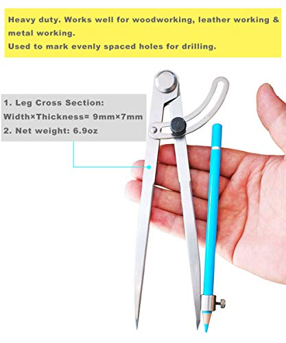 6/8 / 10 inch Wing Compass with Pencil Holder, Leather Working Wing Divider, Caliper & Scribe Tool, for Woodworking Drawing & Drafting (8 inch) - size: 8 inch