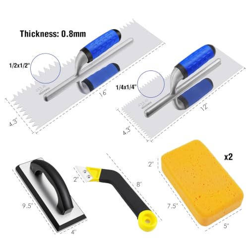 6PCS V-Notch Tile Trowel Set, Grout Float, 2 Sponges & Grout Saw