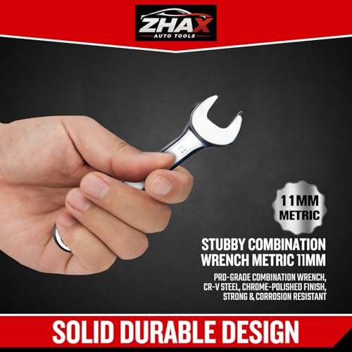zhax 11mm Metric Stubby Combination Wrench, 12 Point Box End, 15 Degree Offset Design, Mirror Polish Finish, Forged CR-V Steel, Hand Tools for Mechanics, Ideal for Auto and Home Repair - size: 11mm