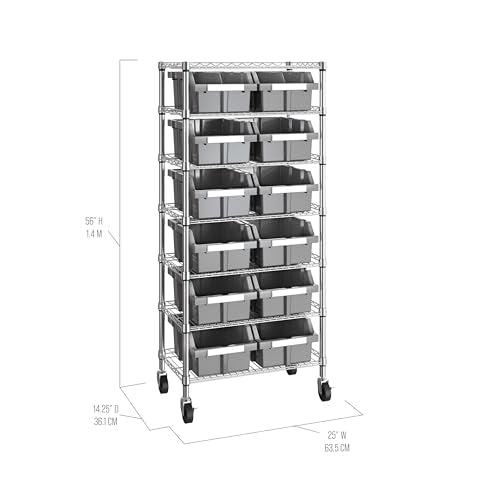 7-Tier NSF 12-Bin Steel Wire Shelving Rack, 25"W x 14"D x 56"H, Gray | 12 slide-out bins with tilt-lock design keep supplies organized and accessible - color: Gray, size: Includes 12 Bins