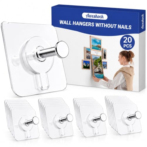 Picture Hangers Without Nails, 20 Pack, Clear Adhesive Hooks, Holds 13 lb - style: 20 Packs Picture Hangers Without Nails