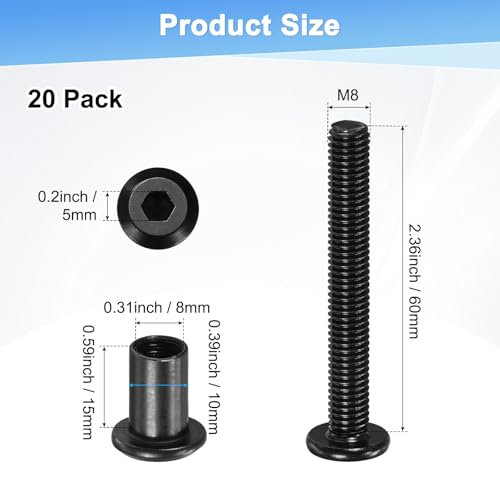 M METERXITY 20-Pack Hex Drive Socket Cap Bolt, M8 x 60mm Carbon Steel Furniture Connector Bolts Barrel Nuts for Furniture Assembly/Cabinet/DIY Binding Post Screws Rivet Fasteners [Black] - size: M8 x 60mm