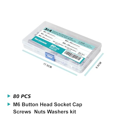80 PCS M6 x 30mm 35mm 40mm 45mm 50mm, Button Head Socket Cap Screws Bolts Washers Nuts Assortment Kit, Stainless Steel 304, Metric Allen Hex Drive - size: Button M6x30/35/40/45/50 mm