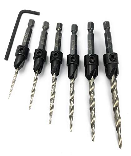 FTG USA 6 Pc Wood Countersink Drill Bit Set #4#6#8#10#12#14 with Hex Key - size: #4#6#8#10#12#14, style: w/o Depth Stop