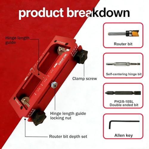 Door Hinge Template Aluminum Alloy, Door Hinge Jig Kit for Router, Hinge Router Template, Adjustable Mortise Jig Fits Door Hinges from 2.5” to 5” Length, 1/4” & 5/8” Radius, Square Corner