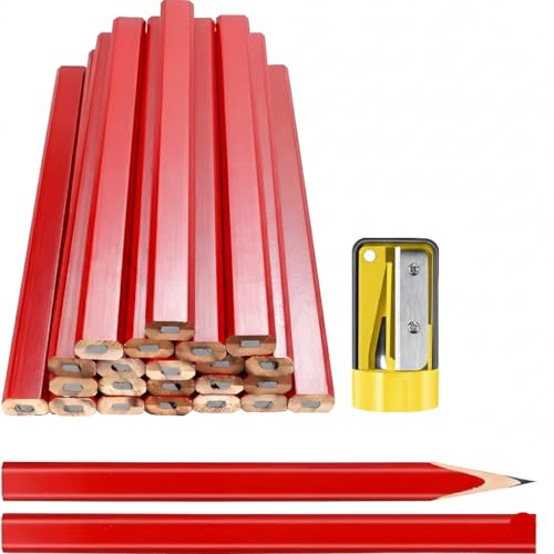 Bexter Carpenter Pencil Set with Sharpeners – 20 Red Flat Woodworking Marking Tools + 2 Sharpeners for Construction, Carpentry, Framing & DIY