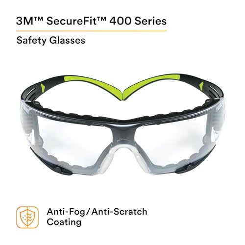 3M Safety Glasses, SecureFit 400, Clear Lens, Green/Black Frame,Foam Gasket - color: Clear Lens, Green/Black Frame With Gasket, size: Single, style: Anti-fog, Anti-scratch