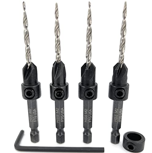 FTG USA #6 (9/64") Wood Countersink Drill Bit 4-Pc Set with 3/8" Depth Stop - size: #6, style: 4 Pc with Depth Stop